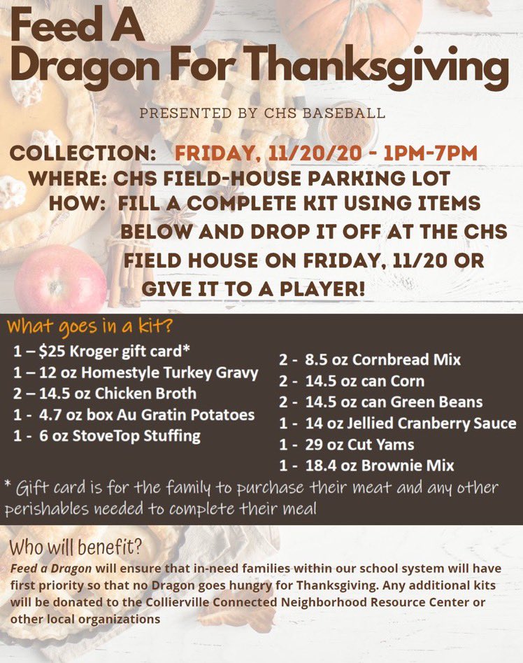 CvilleBaseball_'s tweet photo. Please join @CvilleBaseball_ in donating Thanksgiving Food Kits using the menu below. Together we will make a difference for someone in need.  @CHSDragons @cville_schools @ColliervilleGov @GoDragonsGo_ https://t.co/ZaScmzE1Gj
