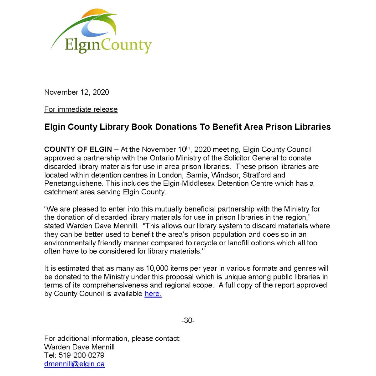 *FOR IMMEDIATE RELEASE* The @LibrElginCounty has partnered with the Ontario Ministry of the Solicitor General to donate discarded library materials for use in area prison libraries. A copy of the Report to County Council can be found at bit.ly/32B505g.