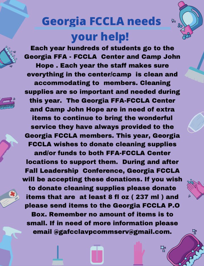 GeorgiaFCCLA's tweet photo. Georgia FCCLA, please remember to donate to this year’s Miracle Minute at our Virtual Fall Leadership Conference! Donate supplies and funds to our beloved camps, the FFA-FCCLA Center in Covington and Camp John Hope.

See the second picture to donate!

#gafccla
#celebrate! https://t.co/GsFZ3q27oH