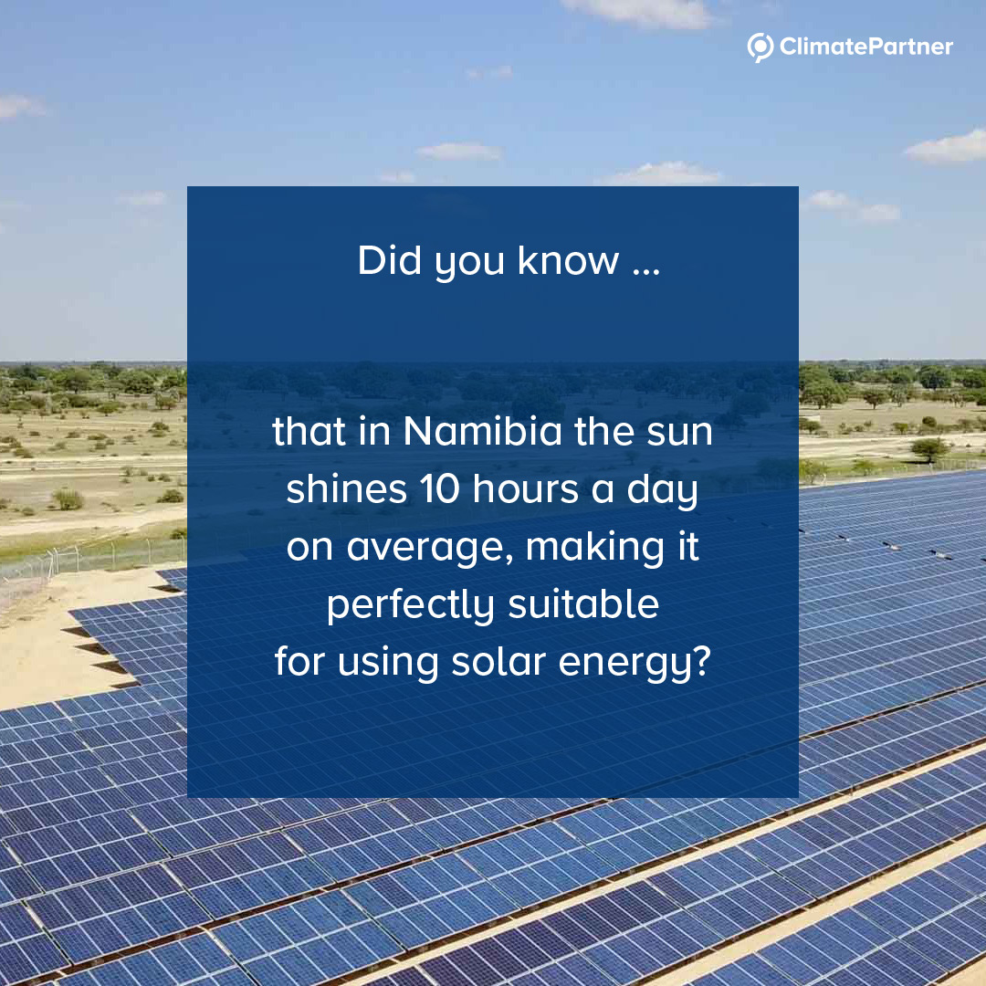 ClimatePartner's tweet photo. Did you know - that in Namibia the sun shines 10hours/day, making it perfectly suitable for using #solarenergy? Our #carbonoffset project in #Outapi benefits from these conditions and generates electricity free of #CO2emissions. 
#climateaction #sdg 
https://t.co/W32wS3dem6 https://t.co/5hZnrAOJU0