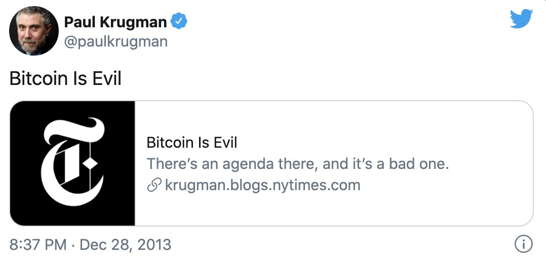 Retour dans le passé avec  @paulkrugman qui nous sortait un magnifique article en 2013 (₿ = 800$)"Bitcoin est le mal"Je vous rassure, ce n'est pas avec cet article qu'il à reçu son prix Nobel d'économie... d'ailleurs depuis il n'en a plus reçu! Coïncidence? 