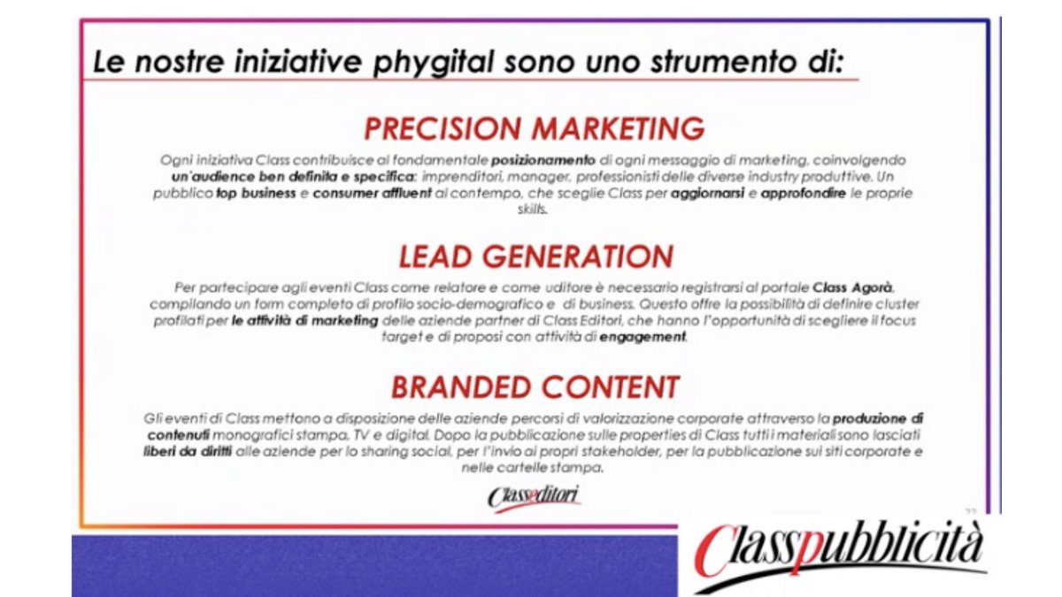 Ecco i tre pilastri sulle quali si basano le inziative Phygital di #Class_Editori:
📌 Precision Marketing
📌 Lead Generation
📌 Branded Content

<a href="/IABItalia/">IAB Italia</a>#IABForum #IABForum2020 #WelcomeToMetaverse