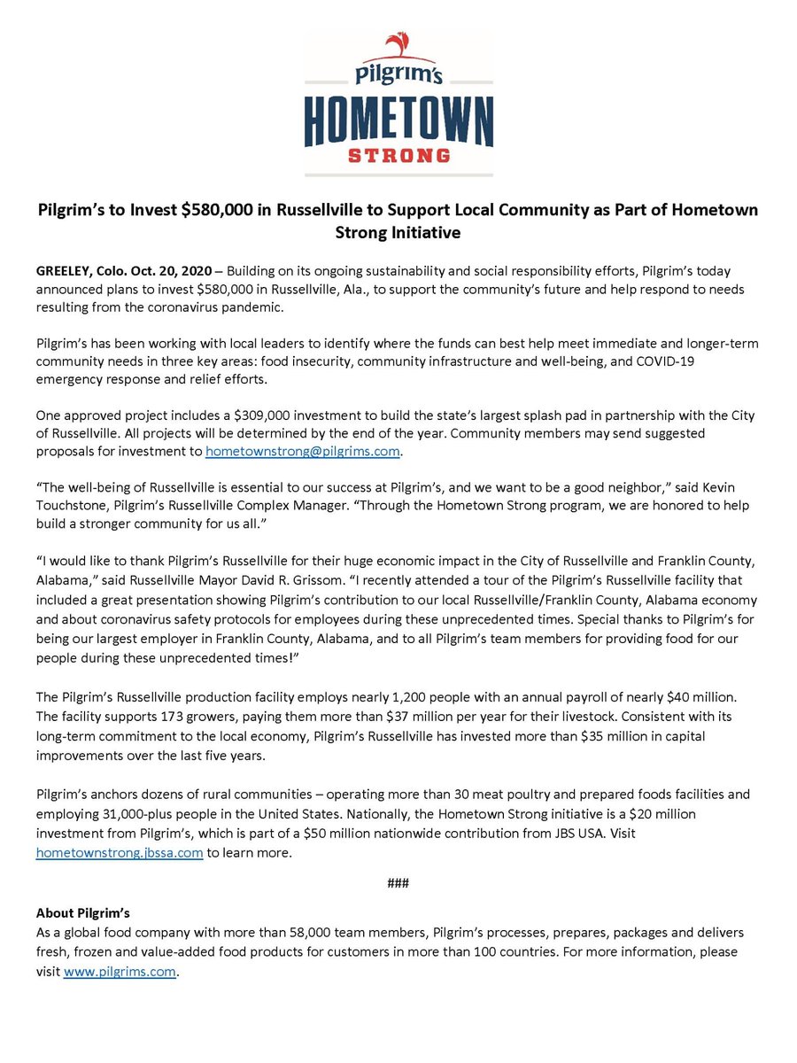 Thank you <a href="/Pilgrim/">Joel</a>’s for your significant investment in Russellville. With this support, we can address immediate and long-term needs specific to our community, strengthening Russellville’s future. #PilgrimsHometownStrong bit.ly/2HDaViD