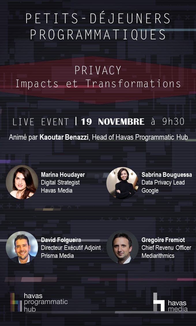 HavasMediaFR's tweet photo. [EVENT] Join us pour la 2ème session des #PetitsDejeunersProgrammatiques animée par @KKaout, Head of #Havas Programmatic Hub. Rdv le 19 novembre à 9h30 pour un Live en distanciel ! Pour s'inscrire c'est ici👉https://t.co/8xqD59R9u0 
@HavasGroup https://t.co/gehKjcrsR7