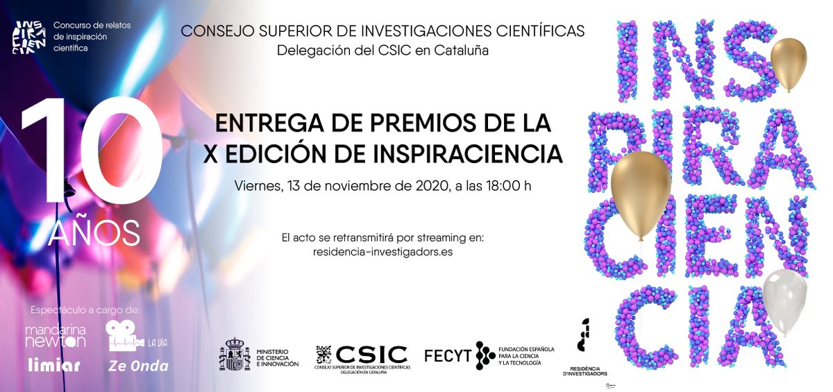 CSICCat's tweet photo. 🏆✍️ El acto de entrega de premios de @inspiraciencia ya casi está aquí, ¡en él habrá proyecciones, danza, charlas de ciencia y muchos premios!

📆 Mañana, viernes 13.
⏰ A partir de las 18:00h
📌 Retransmisión en directo desde la @ResidInvestig 
👉 https://t.co/VjVFEw4b4V https://t.co/sUs9wu5OxQ