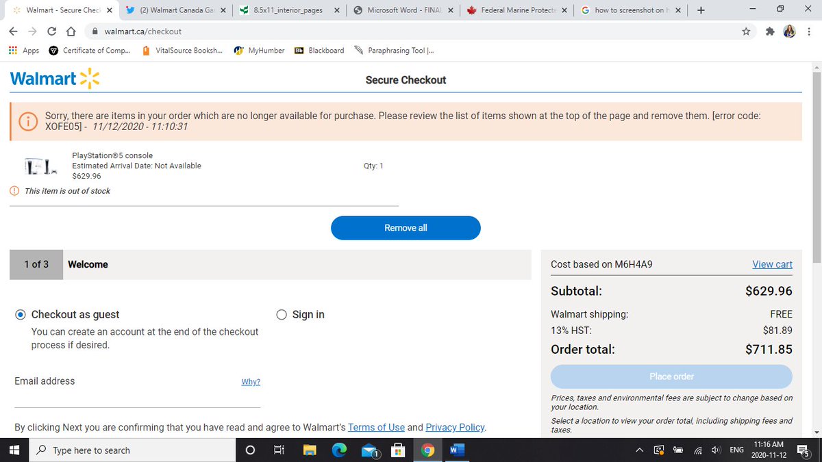 Elorasanchez's tweet photo. @WalmartCAGaming I had the PlayStation 5 in my cart and i proceeded to checkout and suddenly it was unavailable!? What happened??? https://t.co/o5zje0kcUw