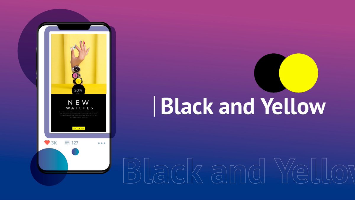 Black and YellowA very neon-like yellow and a deep black is a very modern combination that grabs the attention of the viewer immediately. This combo works because of its simplicity. You can add some white highlights to create a rebel/unique look in your ads.