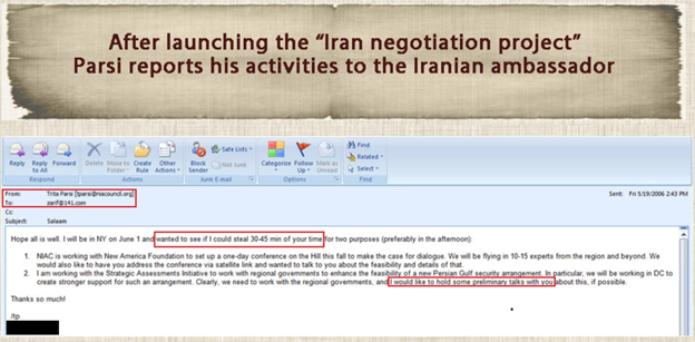 5)Emails from 2006 between Parsi & Zarif, then Iran’s ambassador to the UN.Paris described himself by saying: “Few analysts in Washington have the access of Dr. Parsi to decision makers in Iran.”Source: http://www.iraniansforum.com/index.php/factbook/384-parsi-and-zarif.html