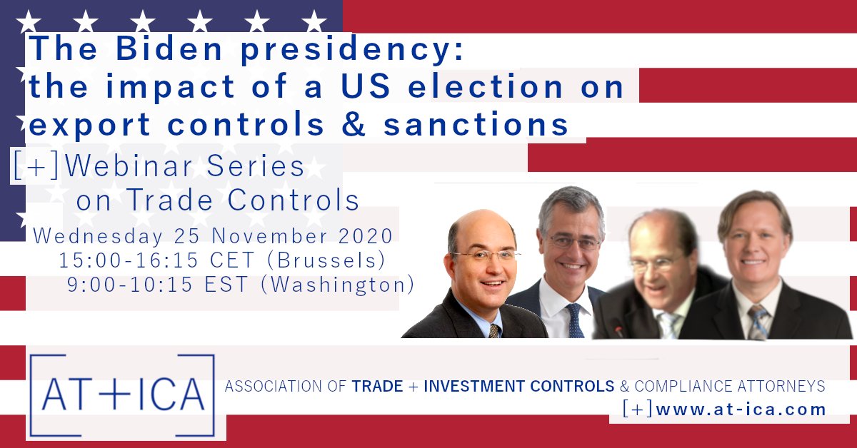 aticaEU's tweet photo. 🔴 Free webinar next week (register here: https://t.co/ptj29SlxCQ): Pres. #Trump has proven to be an active user of #exportcontrols, #sanctions, #FDI screening &amp; #nationalsecuritylaw tools in the framework of its #tradepolicy. What about the #bidenharris2020 presidency? 🇺🇸🇨🇳🇪🇺🌐 https://t.co/Nmry8vynVr