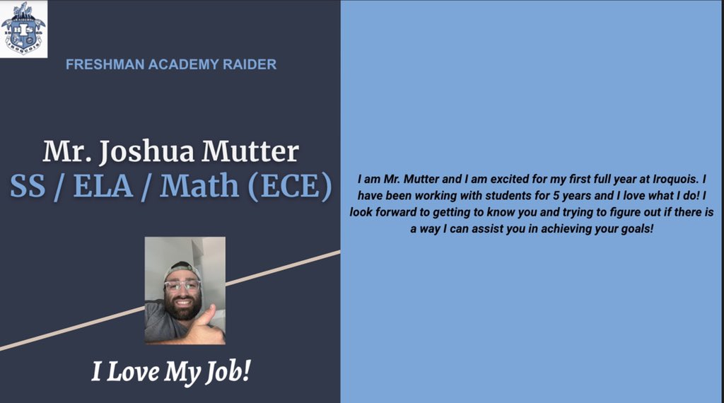IHSFreshmanAca1's tweet photo. It’s Thursday again, and you know what that means! #TeacherFeatureThursday is back, with Mr. Joshua Mutter! Mr. Mutter is focused on supporting all our ECE students so they can achieve their dreams! We are fortunate to have him as part of our team! #IroquoisBelieves #FRESHlife https://t.co/xYmZOKd4Gs