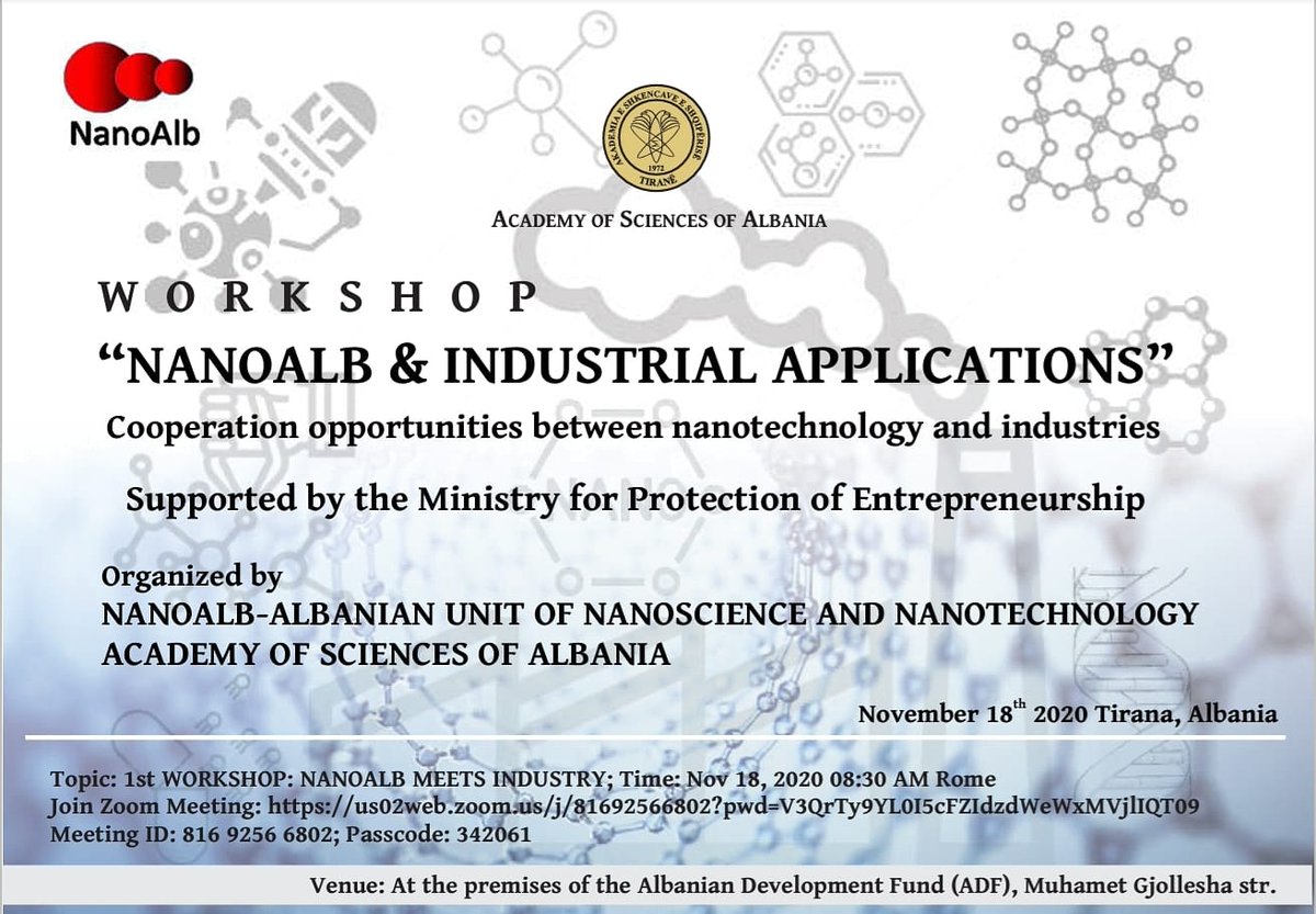 ArbenMerkoci's tweet photo. Workshop @nano_alb & #IndustrialApplications, this Nov. 18th in #Tirana #Albania. #Cooperation #nanotechnologywithindustry ”, #AcademyofSciencesofAlbania #MinistryforProtectionofEntrepreneurship.
#nanomaterials #healthapplications #pharmaceutics #environment #agriculture https://t.co/nY9iLfXUGP