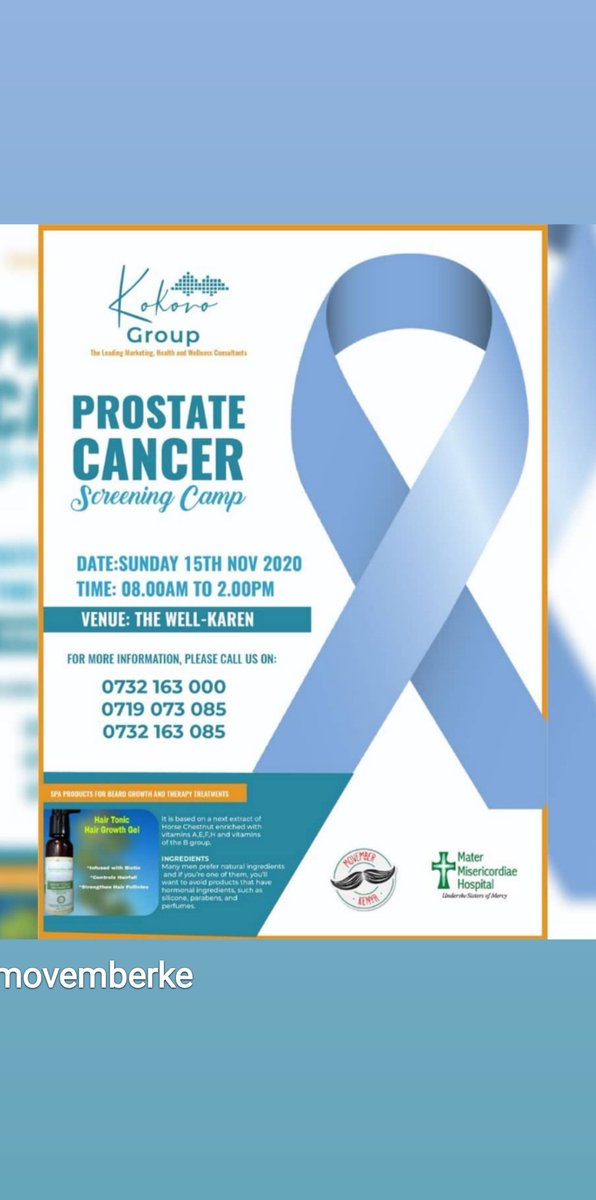 MovemberKE's tweet photo. This Sunday. Free #ProstateCancer clinic at the Well in Karen. Thanks to the folks of Mater Hospital. Spread the word.
#MensHealthAwarenessMonth
#Movember2020 #MovemberKe https://t.co/Hf5VzVTJAc