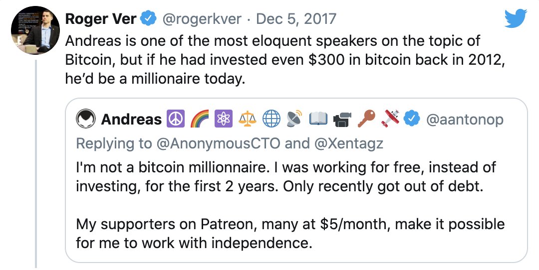 Je termine avec l'instant Karma! Roger qui tacle  @aantonop   car il n'est pas millionaire grâce au  #Bitcoin   Mais nous on aime bien Andreas pour tout ce qu'il a fait pour ₿. Bref, cagnotte et.. 100 ₿ ($1M6) pour l'ami Andreas  https://qz.com/1151233/andreas-antonopoulos-got-1-5-million-in-bitcoin-donations-after-roger-ver-bitshamed-him/et le BCH il en est ou?