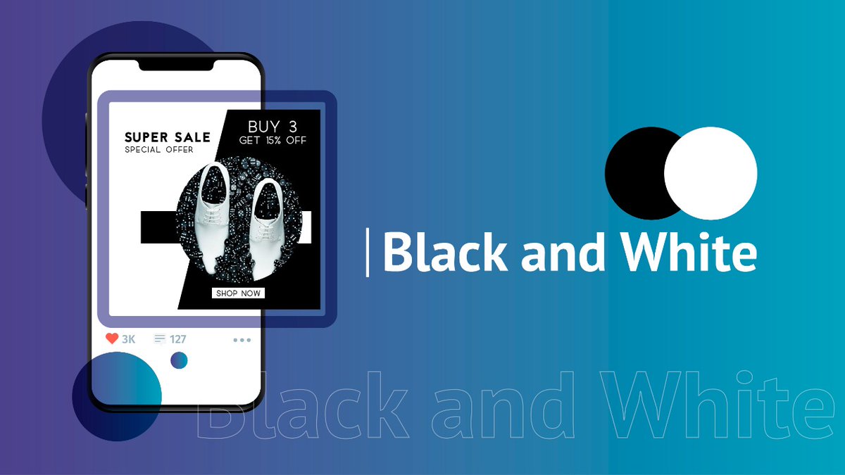 Black & WhiteThis very simple/timeless combination of colors is great to test minimalist design in ads. We recommend this combination to create a very particular feeling. Create different concepts with these two colors & you will end up with a great starting point for new ads