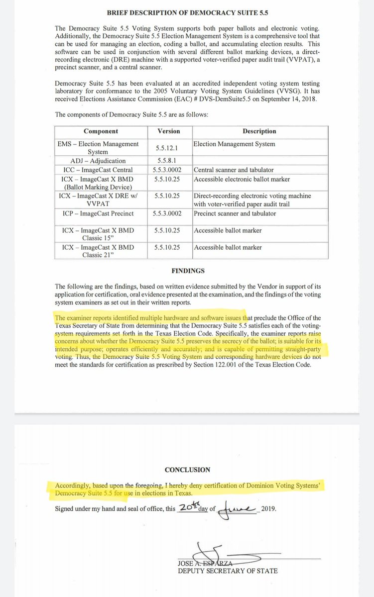 After the examination ended in the recommendation of not certifying Dominion Voting's "Democracy Suite", further reports by Texas State Dept. questioned whether it was "suitable for its intended purpose" and if it "operated efficiently and accurately".Certification was denied.