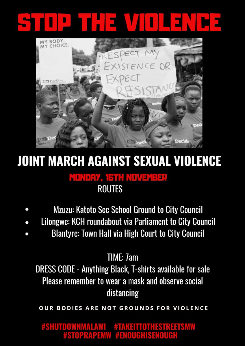 ShutItDownMw's tweet photo. 3 DAYS TO GO!!!
Take Note of the Routes
The Women's Movement is calling all women, men &amp; boys n girls to come out and join the Joint March against Rape and Sexual Violence https://t.co/8qMtdFKJbn