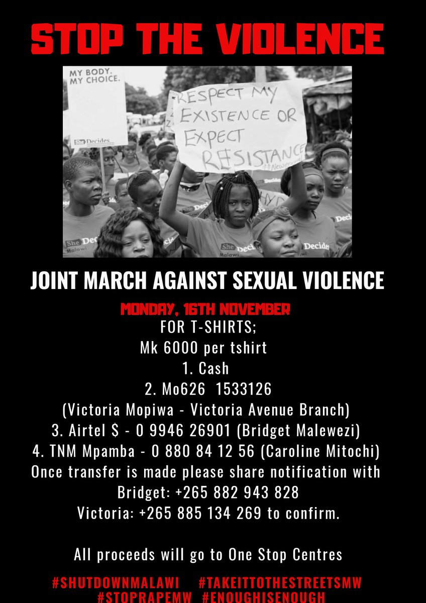 ShutItDownMw's tweet photo. Dresscode: All Black. We have T-Shirts available for sale

All proceeds from T-Shirt sales will go to support One stop Centres, which are in dire need of funding. https://t.co/3pFFf6mfAb
