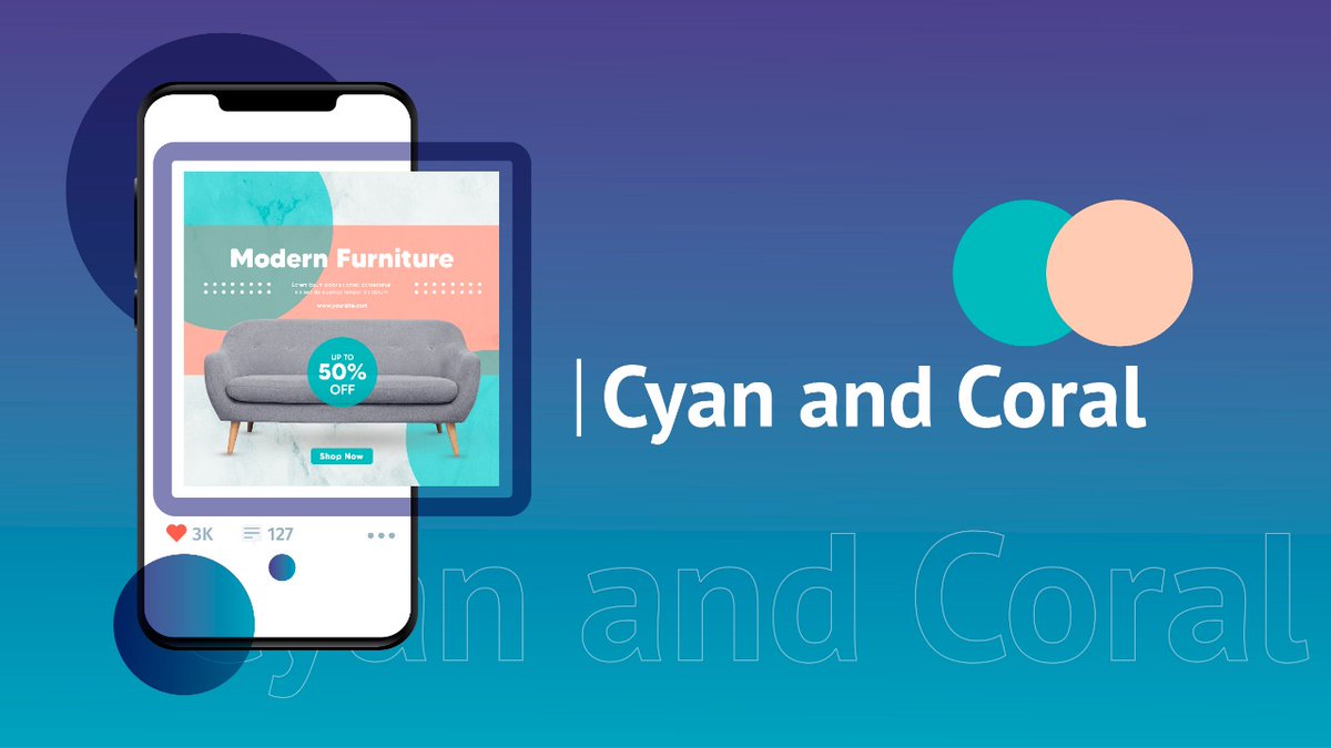 Coral & CyanA very pleasant, yet striking combination. This will surely make your ads pop! Both colors are striking on their own, but if you combine them, you get the best of both worlds. This is really good if you want to highlight a discount or offer.