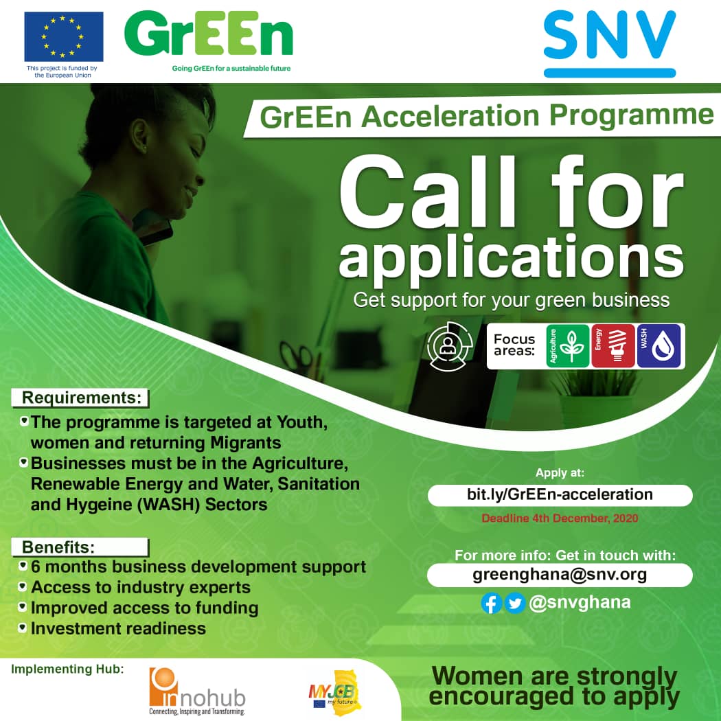 InnohubConnect's tweet photo. Applications open for the GrEEn Acceleration Programme.
#Green #Startups and #Businesses will benefit from;
👉🏽6 months #businessdevelopmentsupport
👉🏽Access to #industryexperts
👉🏽Improved access to #funding
👉🏽#investmentreadiness
Apply here👇🏽:
https://t.co/IQV3APYAYu
#WASH https://t.co/MujXXkBmP4
