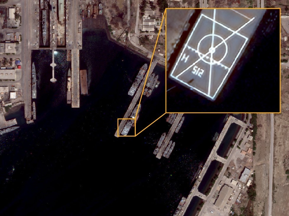 TheIntelLab's tweet photo. Fantastic ML/AI enhancement by @Maxar . Turning native 30cm res imageries into 15cm res HD imageries. Also in this announcement an enhanced 15cm glimpse of the Hengam Class Amphibious Ship #IRIS Larak (Hull number 512) Helipad in Bandar Abbas Navy Base #Iran https://t.co/bo9CWZOmGO