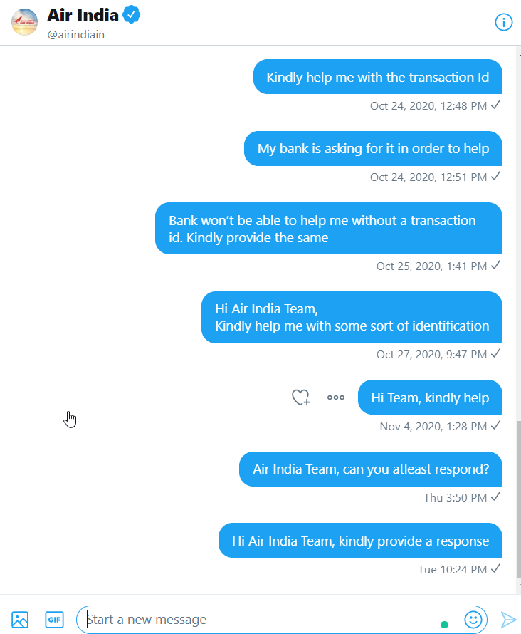 Piyush_er's tweet photo. How does a scam work? Get customer's money, use it as your own &amp; when they ask back for it, try putting it on the customer's bank. If that doesn't work, don't respond. Right, @airindiain? 
#AirIndiaScam @HardeepSPuri  @ndtv  @republic  @aajtak  @htTweets @ABPNews https://t.co/vwckI7NunA