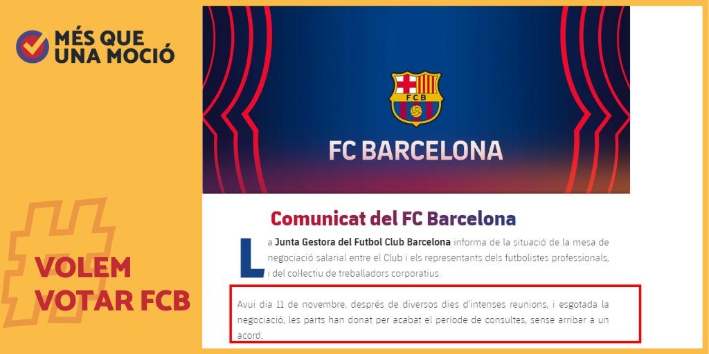 🚨 SENSE ACORD
❌Ahir es van tancar les negociacions de sous, sense acord. 

❓ Que passa si els treballadors no accepten les condicions unilaterals del Club? Els jugadors podrien marxar? 

🗳 El resultat seria diferent si el Club hagués convocat eleccions??

#VolemVotarFCB