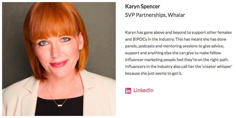 whalar's tweet photo. 🏆 @KarynSpencer, SVP and our very own 'Creator Whisperer', has been named in @talkinfluence's #Influencer50. Beyond her flawless commercial performance, Karyn works tirelessly to support and champion minority groups in digital advertising. 

Full list 👉 https://t.co/T70svtL2Oa https://t.co/cC2ZryQ63Z