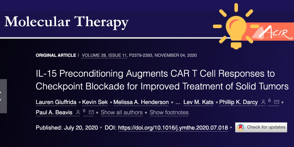 ACIR (@acir_org) on Twitter photo SPOTLIGHT: IL-15 Preconditioning Augments CAR T Cell Responses to Checkpoint Blockade for Improved Treatment of Solid Tumors <a href="/PeterMacCC/">Peter Mac Cancer Centre</a> <a href="/paulbeavis4/">Prof Paul Beavis</a> Originally published in <a href="/MolTherapy/">Molecular Therapy</a> To read our summary click bit.ly/ObaLongISIM and scroll all the way down. SPOTLIGHT: IL-15 Preconditioning Augments CAR T Cell Responses to Checkpoint Blockade for Improved Treatment of Solid Tumors <a href="/PeterMacCC/">Peter Mac Cancer Centre</a> <a href="/paulbeavis4/">Prof Paul Beavis</a> Originally published in <a href="/MolTherapy/">Molecular Therapy</a> To read our summary click bit.ly/ObaLongISIM and scroll all the way down.