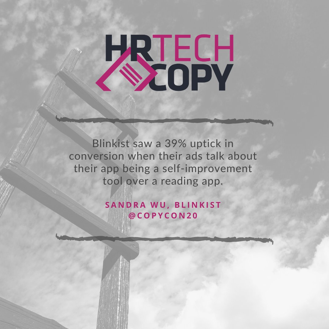 HRTechCopy's tweet image. Sandra Wu spoke recently at #copycon20 about how easily #marketing becomes noise because brands forget their fundamental why. 

Once you understand and communicate that why, you’ll typically see big gains in #conversion. Like Blinkist&apos;s 39% increase 👀