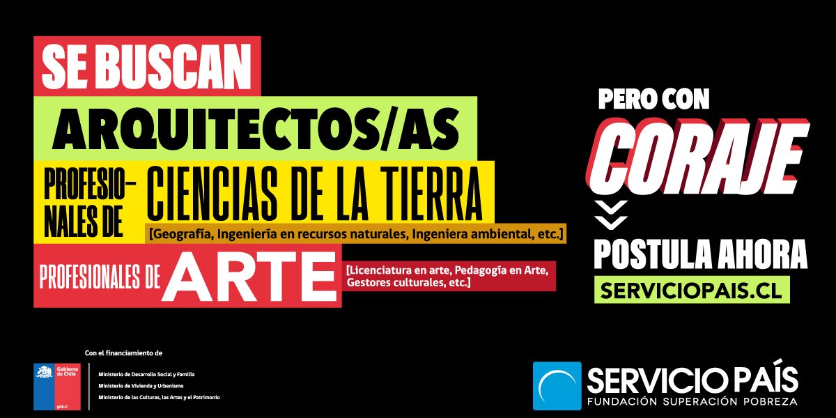 FSPdeCoquimbo's tweet photo. En SERVICIO PAÍS buscamos profesionales de la arquitectura👷‍♀️👷‍♂️, ciencias de la tierra ♻ y arte  👩‍🎨👨‍🎨 pero #CONCORAJE para transformar Chile. Postula hasta el 15 de noviembre en https://t.co/maRk3YB3gg
[ ℹ Carreras no excluyentes. Todas las profesiones son bienvenidas] https://t.co/t6NcHjRTsJ