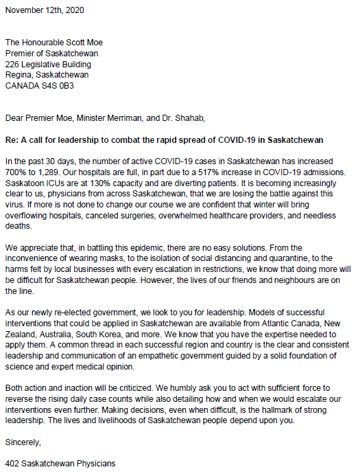 Brent_Thoma's tweet photo. The final version of the Saskatchewan physicians' letter to @PremierScottMoe containing 402 physician signatures is available for download here. Thank you to everyone for their support - we hope to see action soon. https://t.co/xQqWvnM5Ll https://t.co/QNM1MvSNbz
