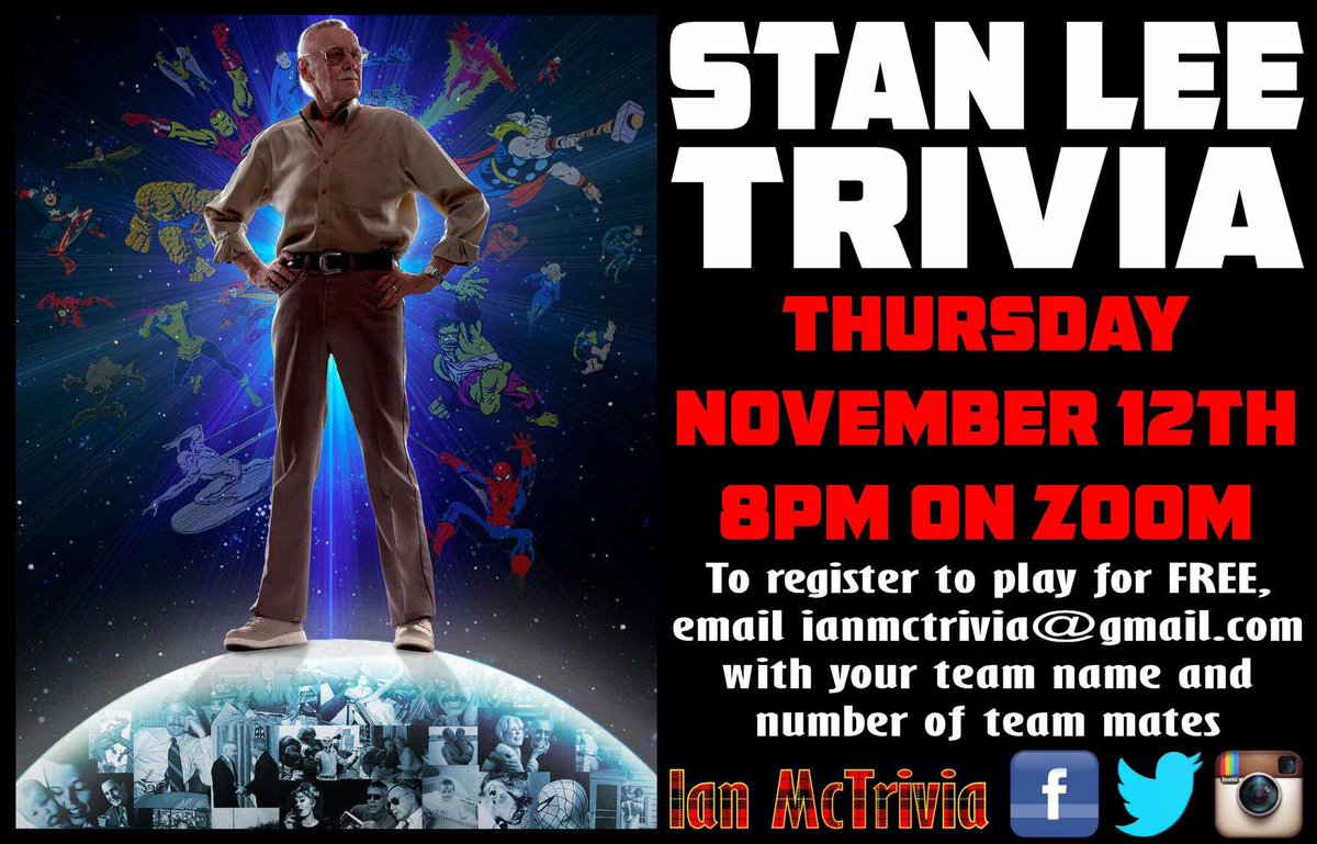 PubQuizzing's tweet image. Today marks two years since Stan Lee passed, so let&apos;s take a look back at his life and career and test your knowledge of the great man. Email ianmctrivia@gmail.com to register with your team name #StanLee #Excelsior #StanLeeTrivia #Marvel #MarvelComics #VirtualTrivia