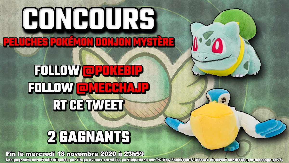 Pokebip's tweet photo. [CONCOURS]
Gagne une peluche #PokémonDonjonMystèreDX Bulbizarre ou Békipan

Pour participer :
• Follow @Pokebip
• Follow @mecchaJP
• RT ce Tweet

2 gagnants seront tirés au sort parmi les participations sur Twitter, Facebook &amp; Discord

Fin le mercredi 18/11/2020 à 23h59 ! https://t.co/c4jWGKe1f8