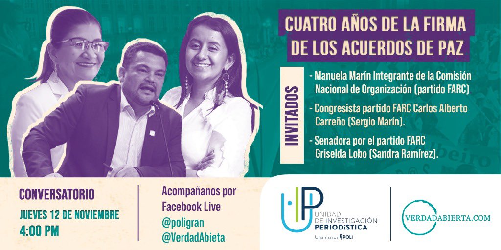 ManuelaMPaz's tweet photo. A 4 años de la firma del Acuerdo de Paz de La Habana, reflexiones de la lucha por su implementación @Sergio_FARC @SandraFARC https://t.co/YIZSoMlc5u
