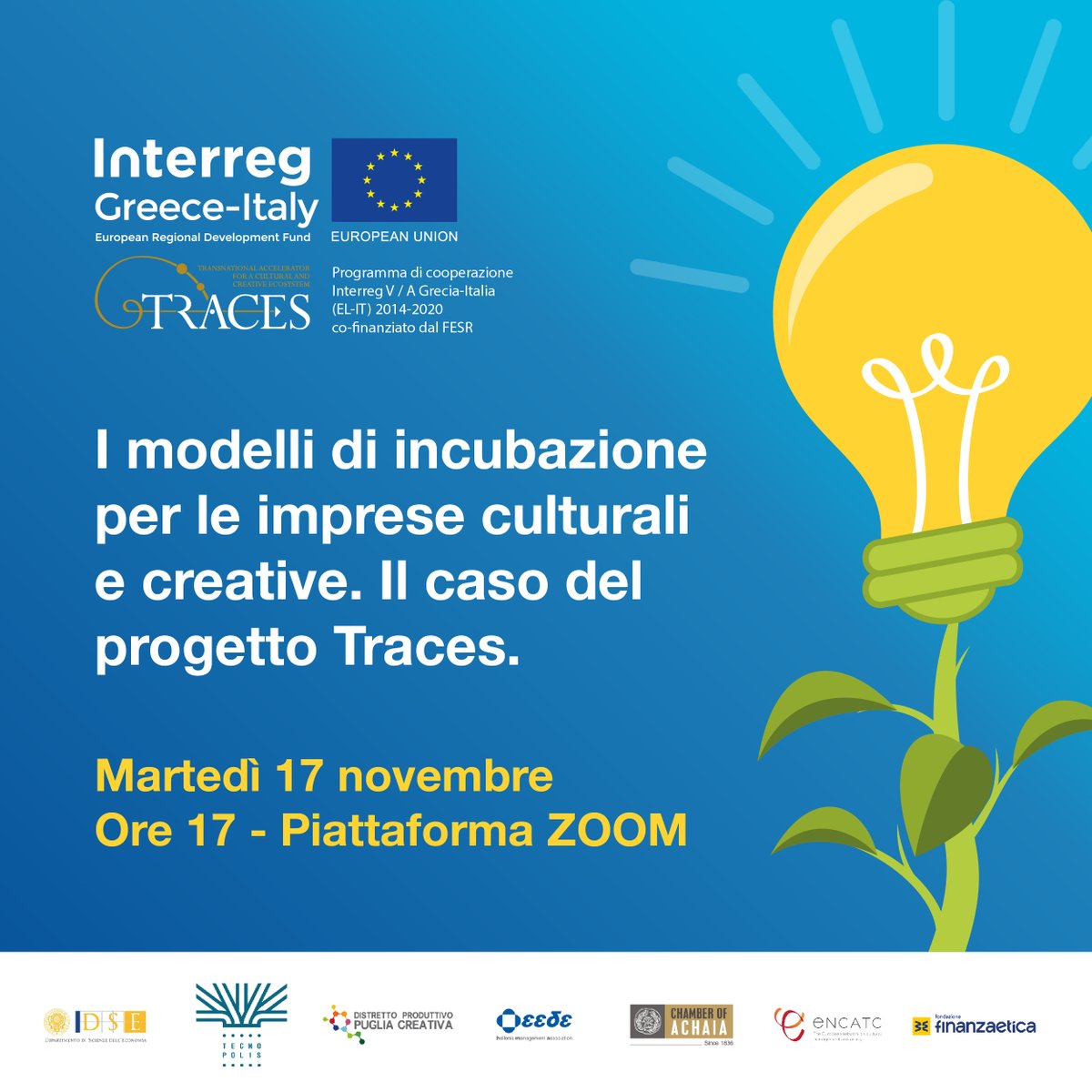 PugliaCreativa's tweet photo. 🚩Martedì 17 novembre, alle ore 17, 📆non perdete il workshop “I modelli di incubazione per le imprese culturali e creative. Il caso del progetto @InterregTraces .” 
👉In diretta su Zoom
Iscrizioni➡️ https://t.co/VJblDmrn01
@Interreggr_it  @EcoUnisalento @TecnopolisPST @ENCATC https://t.co/ppY3ldtlaK