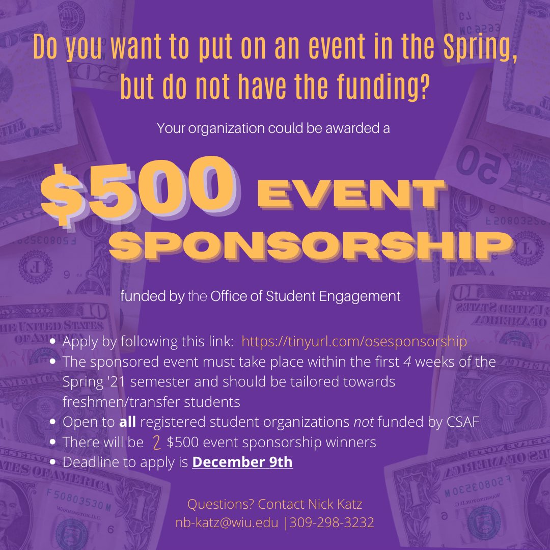 WIU_OSE's tweet image. Apply today for a chance to win a $500 event sponsorship for your student organization! 

tinyurl.com/osesponsorship

Questions? DM us!
