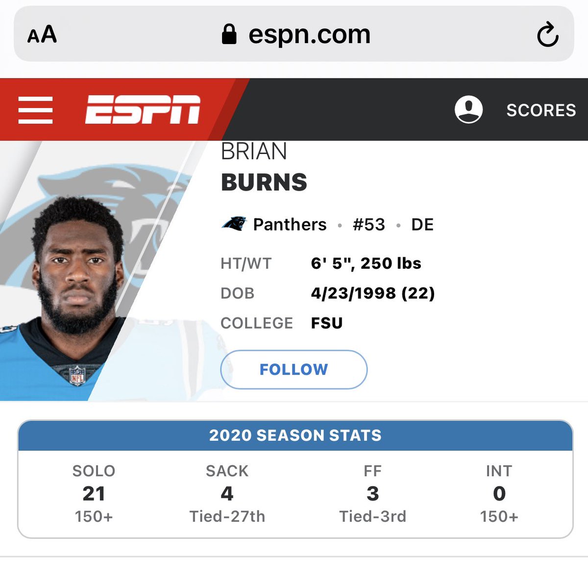 smccloverjr's tweet photo. Thank you @NFL for CREDITING Brian Burns @Fire_Burns99 with his BIG TIME SACK on @PatrickMahomes!!! He definitely DESERVES IT!!! @Panthers #Spiderburns #4Sacks #KeepPounding https://t.co/gN2HDO89bS