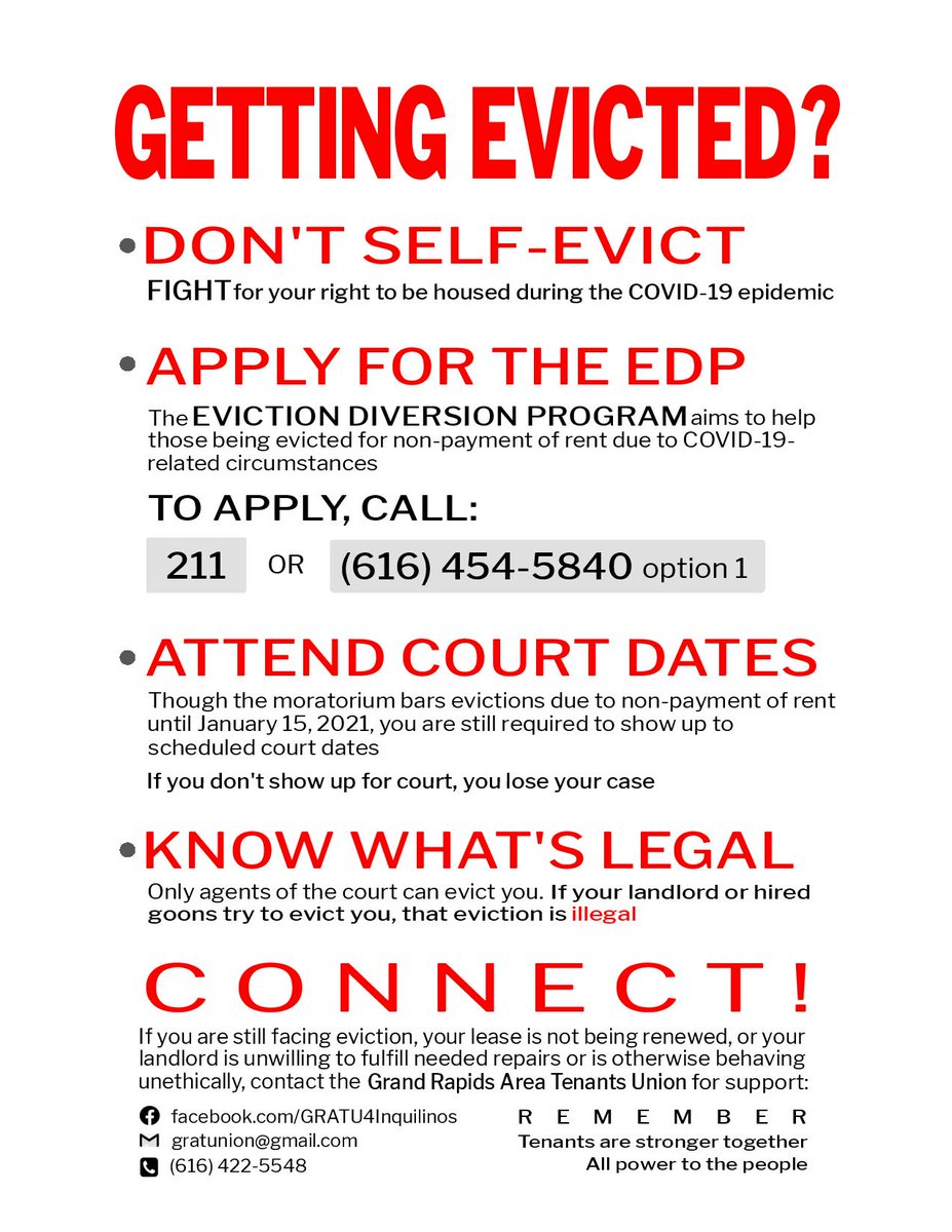 GRATUnion's tweet photo. ARE YOU OR SOMEONE YOU KNOW IN DANGER OF EVICTION?
1. Don't self-evict. Force your landlord thru the whole legal process of eviction.
2. Show up to court. If you don't show up, you lose the case.
3. Connect with the tenants union (us!) and with each other. We're stronger together https://t.co/Oh2Bp320cS