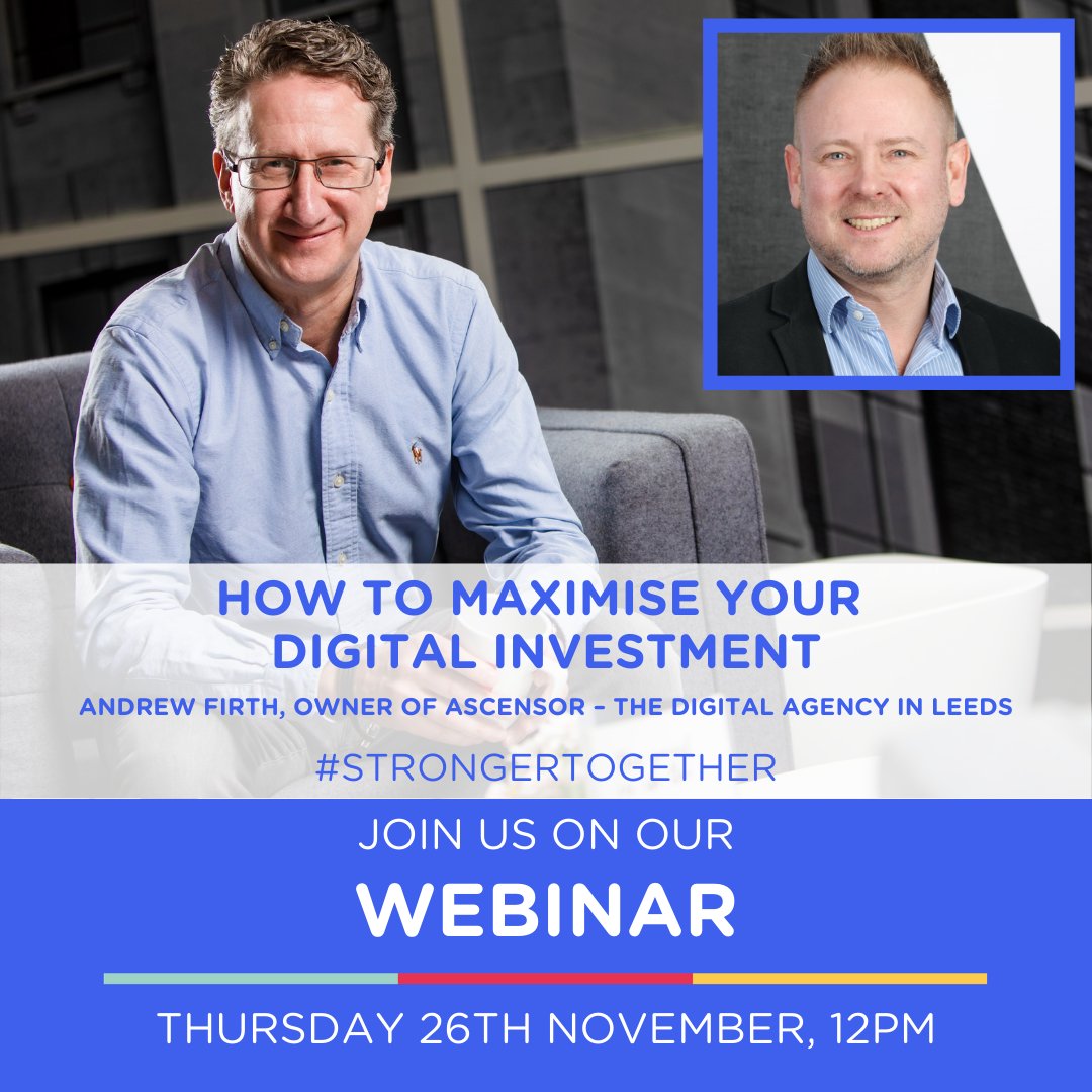 Looking to maximise your digital investment?

Andy will be speaking to Mike Hall from ThinkSmart Marketing and together they'll explore the digital decisions that you should be making 💡

Don't miss out!
Join the webinar on Thursday 26th November at 12pm:
bit.ly/3nn0Gi9