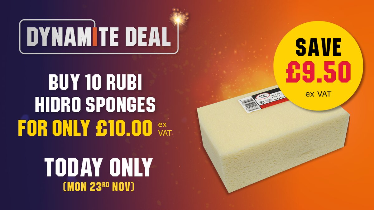 CTDTrade's tweet photo. DYNAMITE DEAL TODAY π https://t.co/EOR02lyIz5
Buy 10 Rubi Hidro Sponges for ONLY Β£10! (Ex. VAT) Excellent abrasion resistance for use even on highly textured surfaces.
Available TODAY ONLY! (Mon 23rd Nov) ORDER NOW!
#dynamitedeal #tiling #tools @Rubi_UK_IRE https://t.co/Bkri2XZHMu