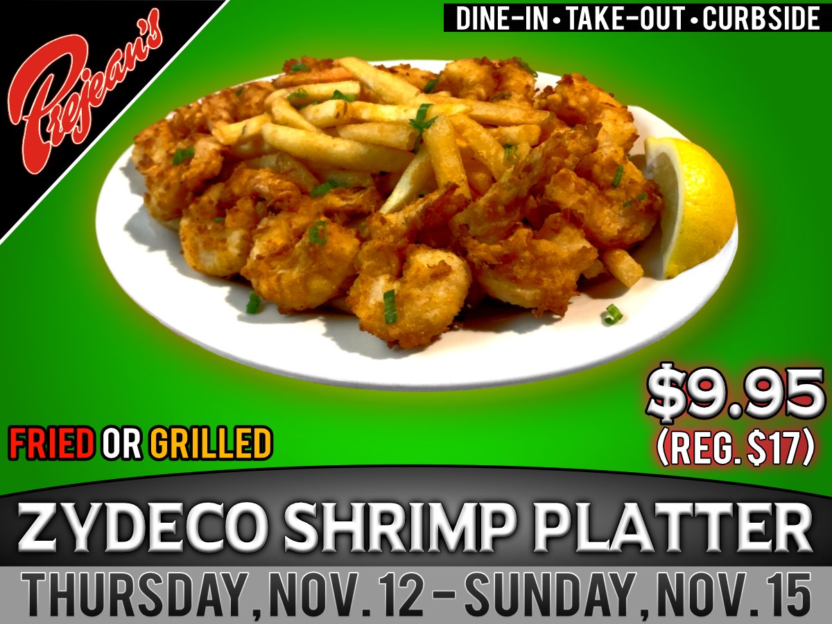 Last week open! Come enjoy #Prejeans Zydeco Fried Shrimp Platter ONLY $9.95 Reg $17 Add a cup of #gumbo +$3 Thurs 11/12 - Sun 11/15  Serving Breakfast/Lunch/Dinner Dine In/Take Out/Curbside (337) 896-3247 #LouisianaSeafood #cajun #eatlafayette #shrimp