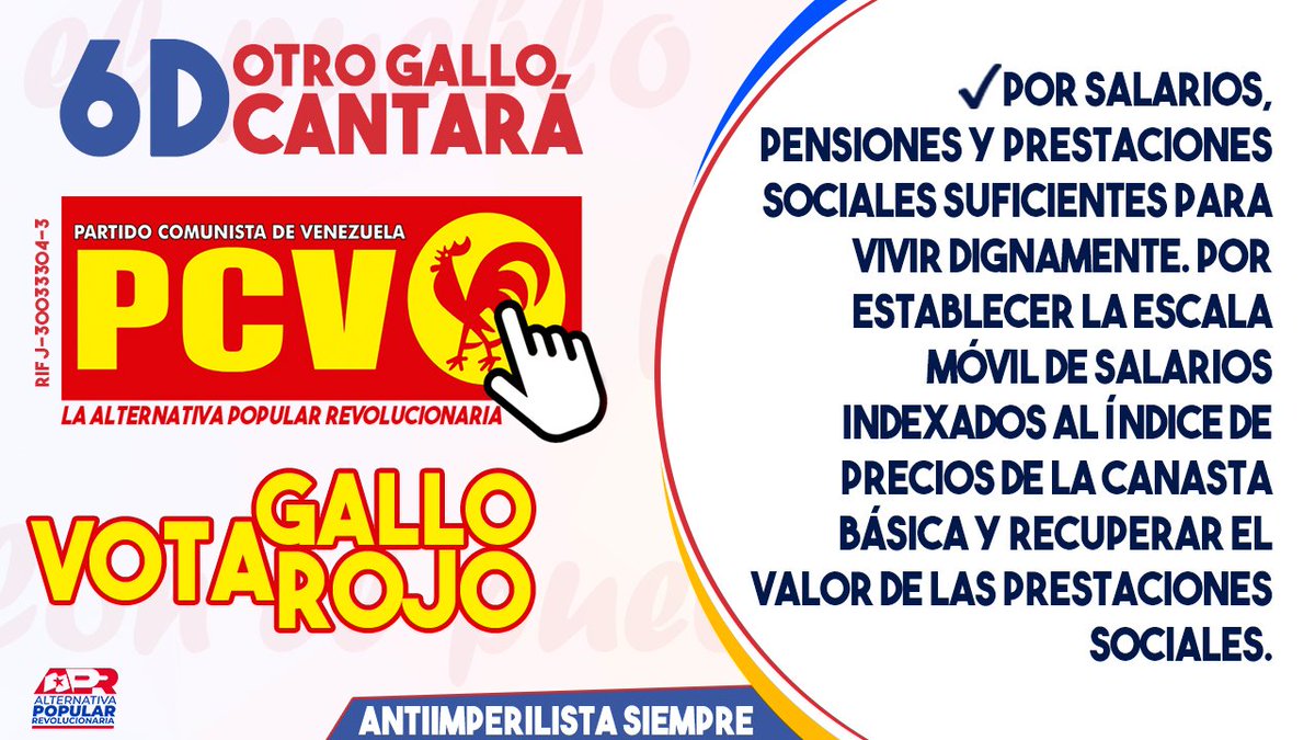 🟡 Convocamos hoy #12Nov al tuitazo #PCVEnLucha por salarios, pensiones y prestaciones sociales suficientes para vivir dignamente.

⏰ Iniciamos a las 7:00 pm 

✊🏾Participa y difunde las propuestas de la #AlternativaPopularRevolucionaria 

El 6-D #OtroGalloCantará ✊🏾