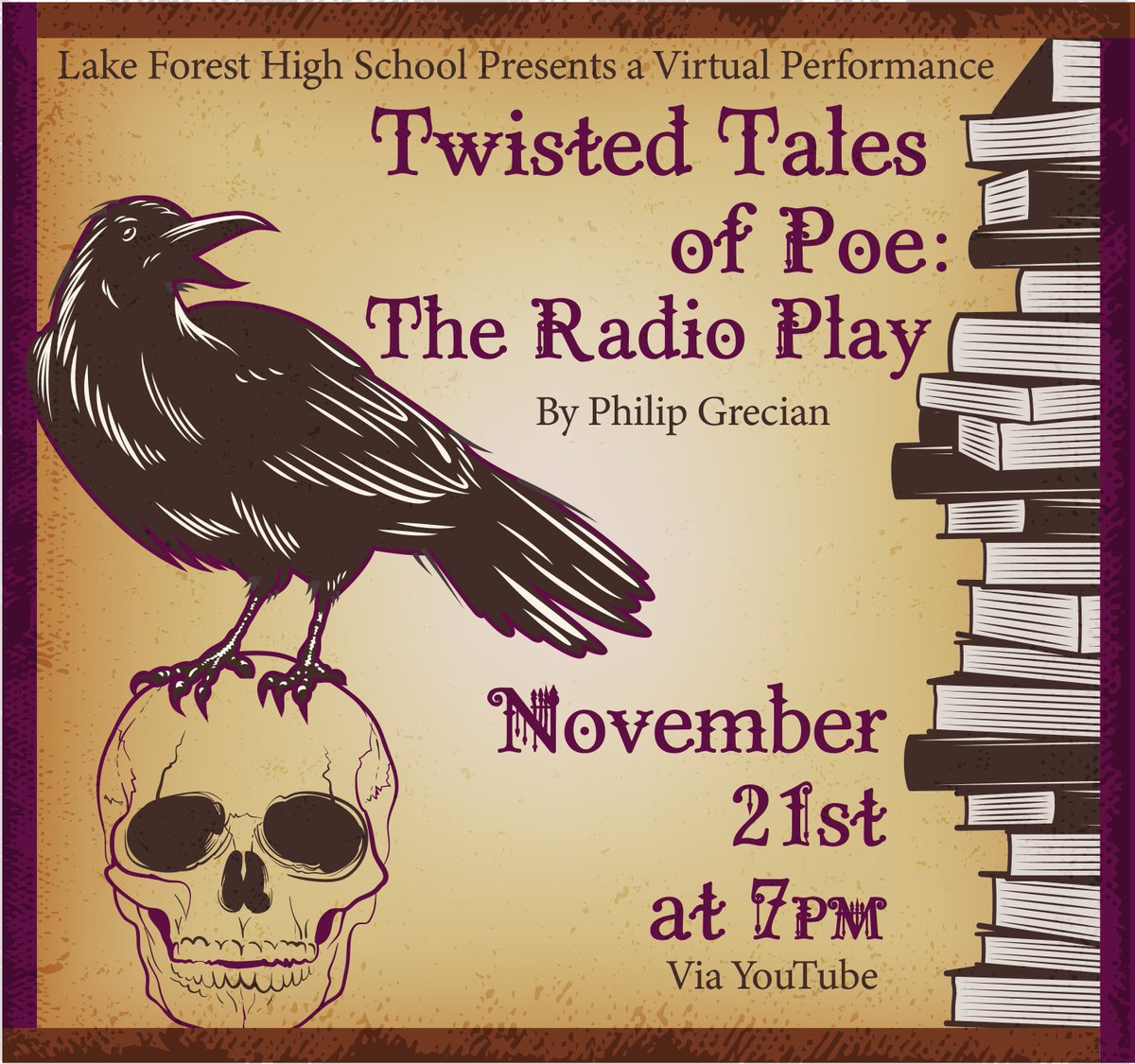 LFHS Theater Presents Twisted Tales of Poe: A Radio Play by Philip Grecian
In our freshman/sophomore play, four stories from Edgar Allan Poe are presented as a staged radio show. Get tickets for this virtual production. 
Saturday, November 21 at 7:00PM. 
bit.ly/LFHSTICKETS