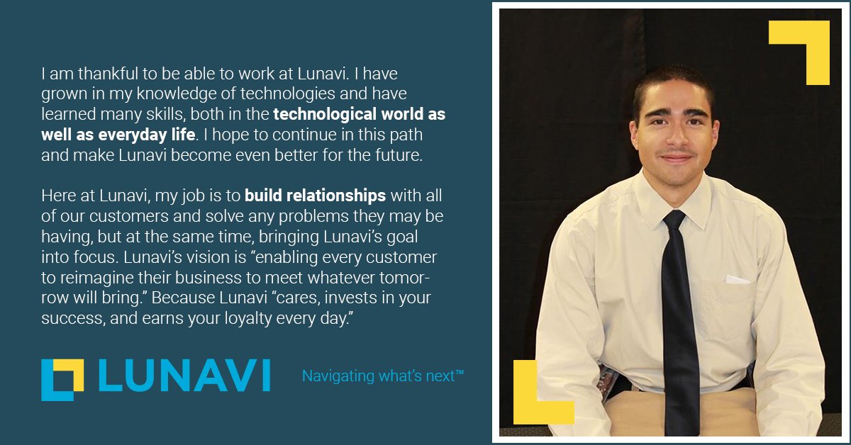 WeAreLunavi's tweet photo. Samuel Sweet shares how he aligns with Lunavi's vision of ���enabling every customer to reimagine their business to meet whatever tomorrow will bring.” #NavigatingWhatsNext #employeetestimonial https://t.co/6ZrKut5UzC