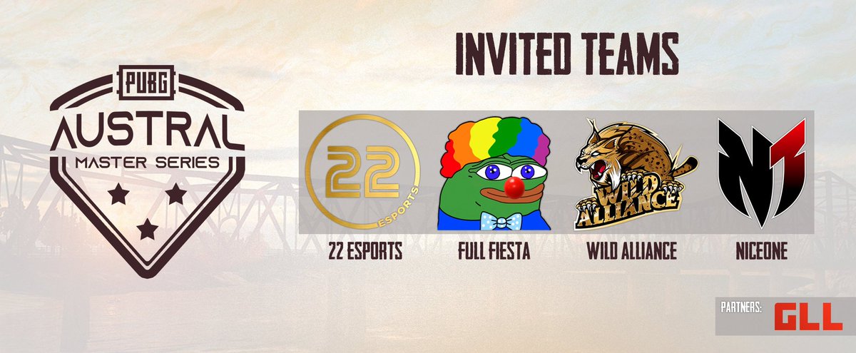 Los 4 equipos invitados a la 1 Edición de la Austral Máster Series (<a href="/AustralMS_PUBG/">Austral Master Series</a>) son:

- <a href="/22eSports/">22 ESPORTS</a>
- #FullFiesta
- #Wild_Alliance
- <a href="/N1_eSport/">NiceOne</a> 

¡Que la suerte les acompañe!