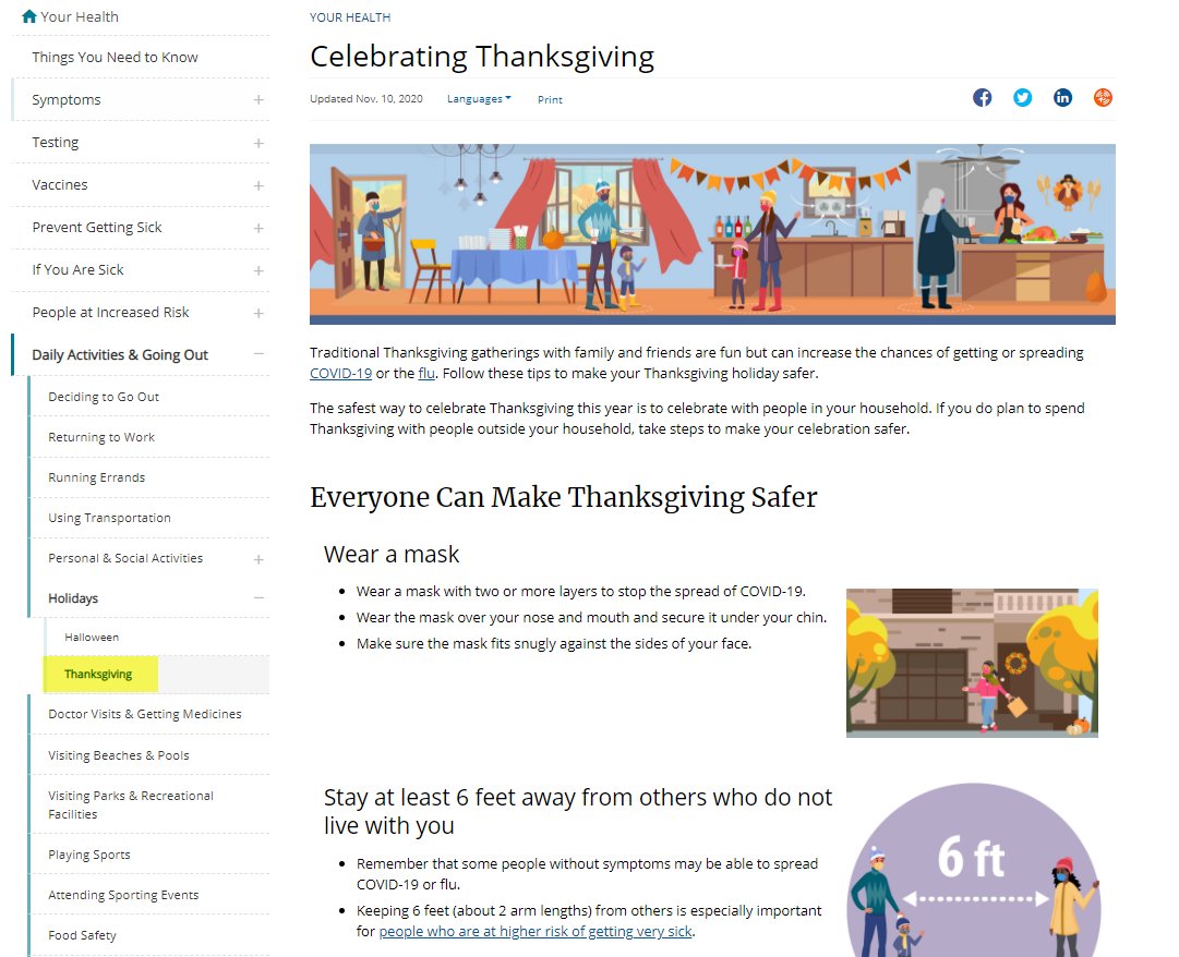 If you are looking at the CDC's recommendations the "Thanksgiving" tab (IMO) is not particularly useful: a lot of very generic bullet points.But the page above it "Holidays" is *much* more in depth and detailed with good before, during after, ideas:  https://www.cdc.gov/coronavirus/2019-ncov/daily-life-coping/holidays.html