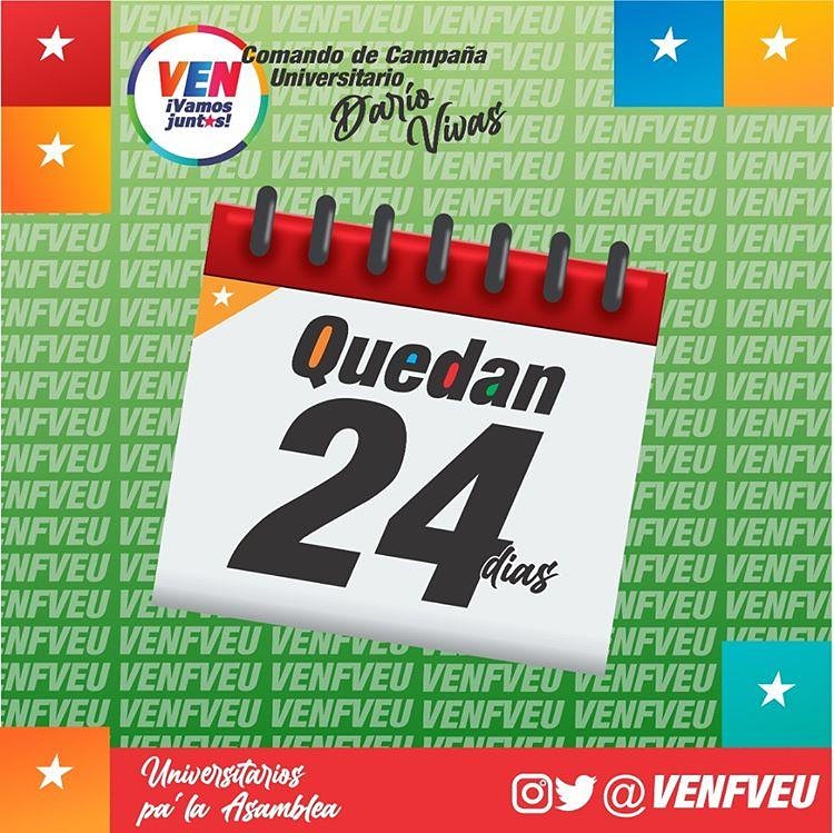 Solo 24 días Nos Separa de la Gran Victoria por ello <a href="/venfveu/">VenFVEU</a> y seamos parte de la Historia JUNTOS!!!

<a href="/maduro_en/">Nicolás Maduro</a>
<a href="/drodriven2/">Delcy Rodríguez</a>
@CTrompiz2
<a href="/nicmaduroguerra/">Nicolas Maduro Guerra</a>
<a href="/rodbexa/">Rodbexa</a>
<a href="/fveuoficial1/">FVEU</a>
<a href="/kennedymorales9/">🤨📸</a>
<a href="/taniapsuv/">Tania Valentina Díaz</a>
<a href="/Venjuventud2020/">Comando de Campaña Juventud DaríoVivas</a>
<a href="/JuventudPSUV/">Juventud PSUV</a>
<a href="/PartidoPSUV/">PSUV</a>