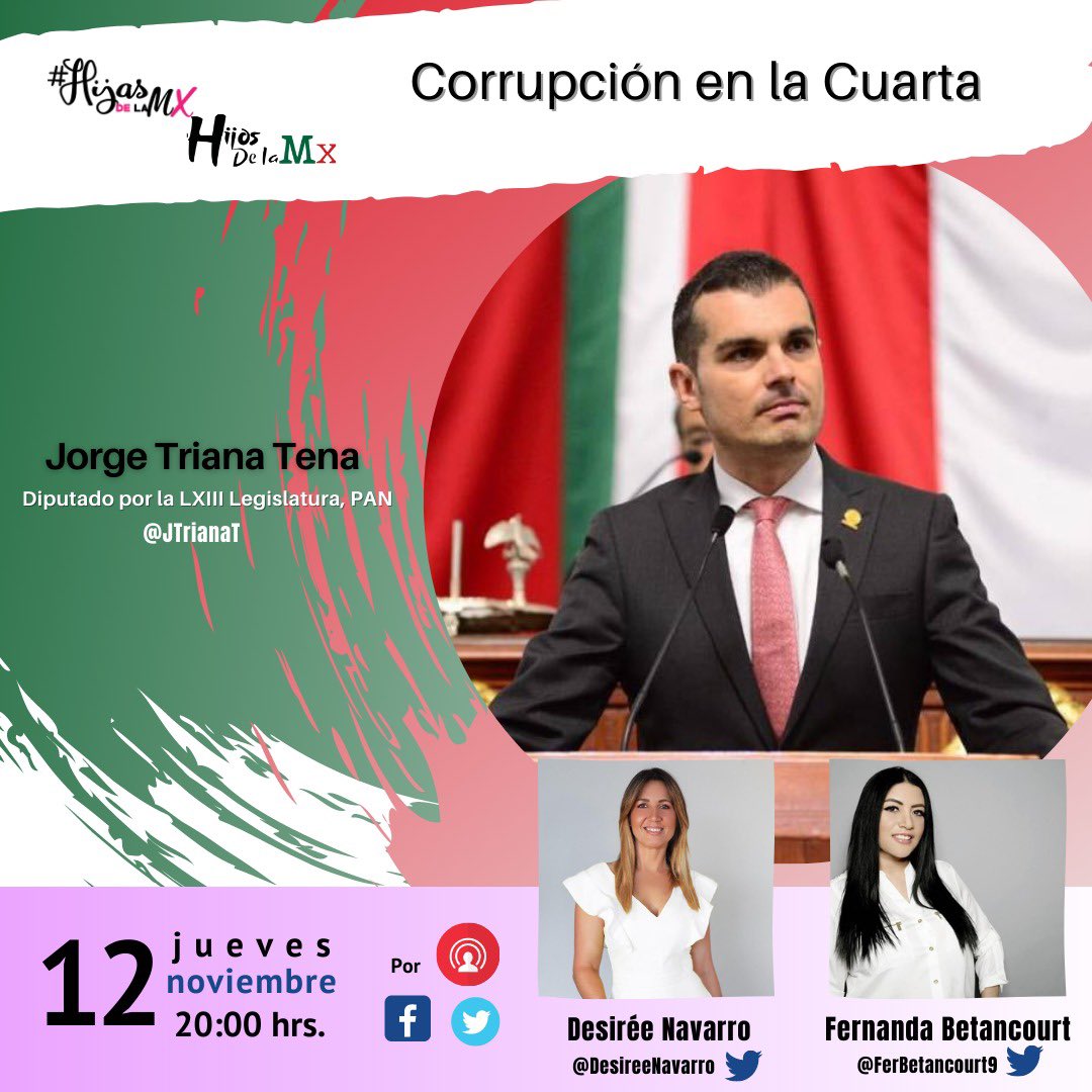 holasoyelo's tweet image. Les recuerdo que hoy vamos hablar de “Corrupción en la cuarta” con el Diputado @JTrianaT 

Nuestras compañeras @DesireeNavarro y @FerBetancourt9 los esperan a las 8:00 pm por nuestras plataformas.!!

#HijasDeLaMx
#HijosDeLaMx
