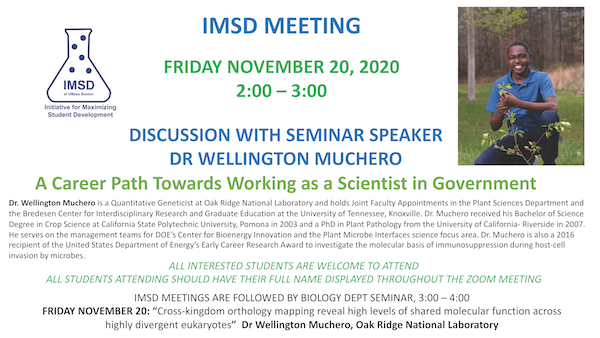 imsdUMassBoston's tweet photo. IMSD is @ABRCMS  this week! Our next Friday IMSD meeting @UMassBoston is next week, November 20, when we welcome Dr Wellington Muchero in a discussion on the career pathway of a government scientist. For the zoom invite, email imsd@umb.edu https://t.co/3kuz0uyN3h