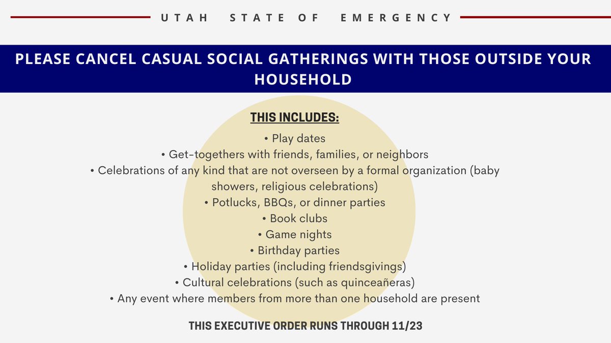 UCHD's tweet photo. The current Executive Order forbids causal social gatherings of any size. Taking exception to this order is like drilling holes in the bottom of a ship we're all sailing in. We're in this together. 

This list was copied from the order's FAQ page, found at https://t.co/fi5toCeNcs https://t.co/b5r9HPjiDn